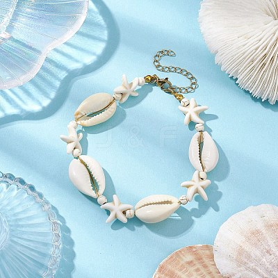 Synthetic Turquoise & Magnesite & Natural Cowrie Shell Beaded Bracelets BJEW-JB10691-1