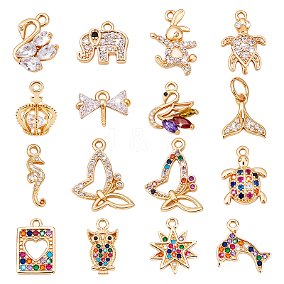 16Pcs 16 Styles Brass Micro Pave Cubic Zirconia Pendants KK-PH0013-35-1