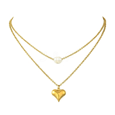 Natural Pearl Rice and 304 Stainless Steel Pendant Double Layer Necklaces for Women NJEW-JN06211-02-1