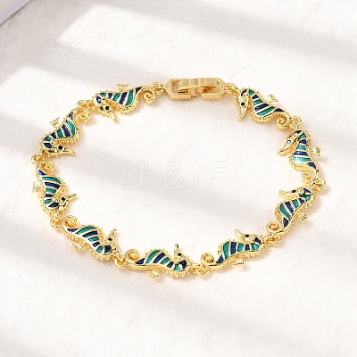 Brass Enamel Turquoise Sea Horse Link Chain Bracelets LS-BJEW-C118-03G-1