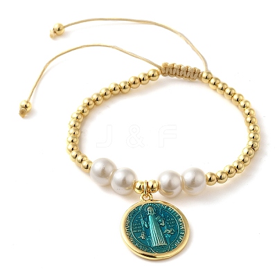Adjustable Flat Round with Holy Virgin Charms Bracelet BJEW-Z073-01G-01-1