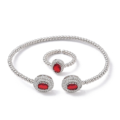 Oval Brass Micro Pave Cubic Zirconia Cuff Bangles & Rings Sets for Women SJEW-R002-03P-02-1