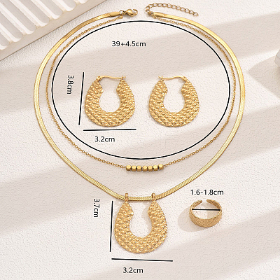 Stainless Steel Horseshoe Hoop Earrings & Double-layer Necklaces & Cuff Ring Sets for Women CJ2846-1