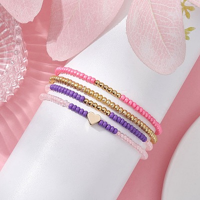 4Pcs 4 Style Brass Heart & Glass Seed Beaded Stretch Bracelets Set BJEW-JB09537-1