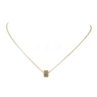 Brass Micro Pave Black Cubic Zirconia Column Bead and Love Disc Pendant Cable Chain Necklaces NJEW-JN05767-1