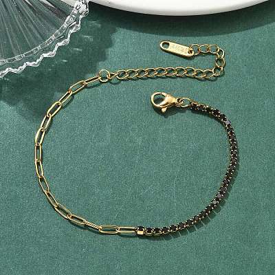304 Stainless Steel Paperclip Chain & Rhinestone Cup Chains  Bracelets for Women BJEW-D456-06G-02-1
