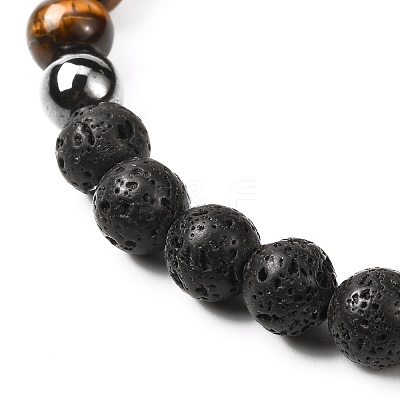 Natural Tiger Eye & Lava Rock & Synthetic Hematitie Beads Stretch Bracelet Set BJEW-JB07030-1