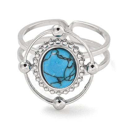 304 Stainless Steel Synthetic Turquoise Cuff Rings G-Z056-04P-01-1