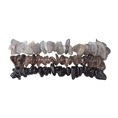 3Pcs Natural Smoky Quartz & Natural Obsidian & Natural Labradorite Chip Beaded Stretch Bracelet Sets BJEW-JB10860-1