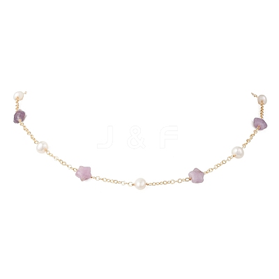 Natural Lepidolite Star & Natural Freshwater Pearl & Brass Link Chain Necklaces NJEW-JN05687-03-1