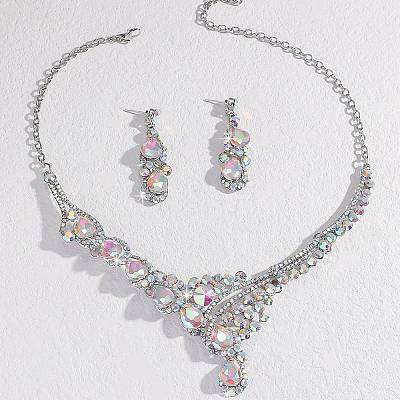 Teardrop Alloy Rhinestone Bib Necklaces & Stud Earring Sets for Women FS-WG2AA93-03-1