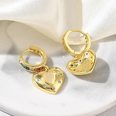 Brass Micro Pave Cubic Zirconia and Cat Eye Beads Heart Hoop Dangle Earrings KK-CBAD9DF-01G-A-1