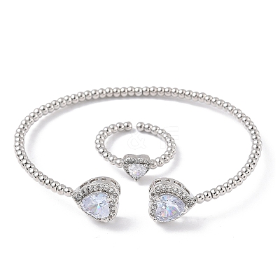 Heart Brass Micro Pave Cubic Zirconia Cuff Bangles & Rings Sets for Women SJEW-R002-05P-03-1