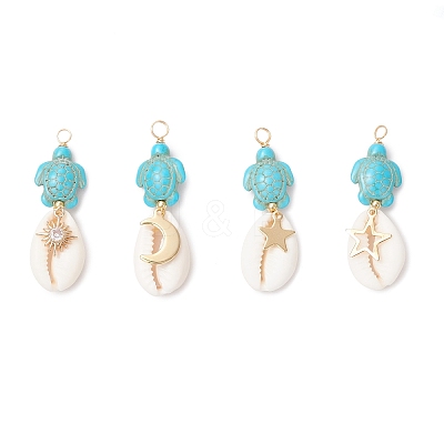 4Pcs 4 Styles Natural Cowrie Shell & Dyed Synthetic Turquoise Turtle Copper Wire Wrapped Pendants PALLOY-JF04035-01-1