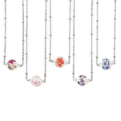 Handmade Flower Printed Porcelain Round Pendant 304 Stainless Steel Satellite Chain Necklaces for Women NJEW-JN06474-1
