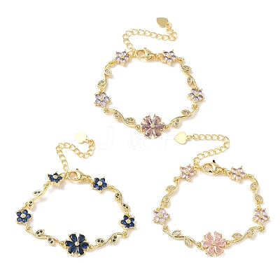 Brass Micro Pave Cubic Zirconia Flower & Leaf Link Chain Bracelets for Women BJEW-G764-03G-1
