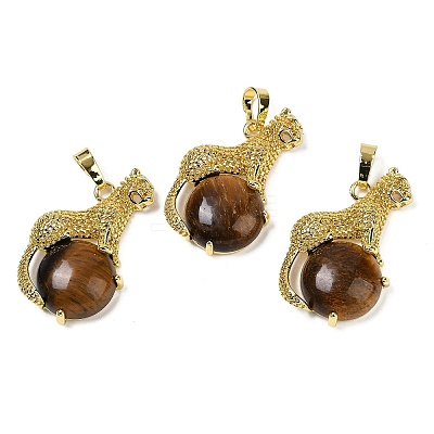 Natural Tiger Eye Ball with Leopard Shape Brass Pendants KK-F887-04G-27-1