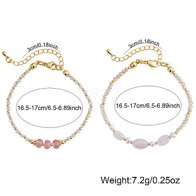 2Pcs Natural Rose Quartz & Glass & Imitation Pearl & Brass Beaded Bracelets for Women JV0360-3-1