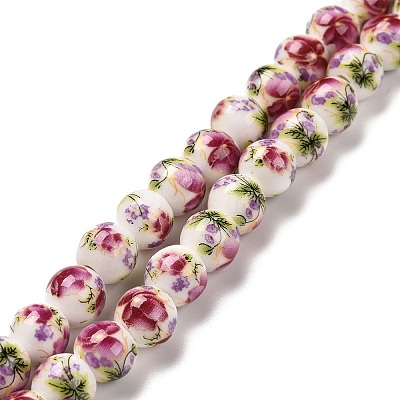 Handmade Flower Printed Porcelain Ceramic Beads Strands PORC-J006-C04-1