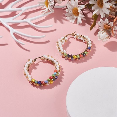 Glass Beads Braided Big Hoop Earrings EJEW-JE04848-05-1