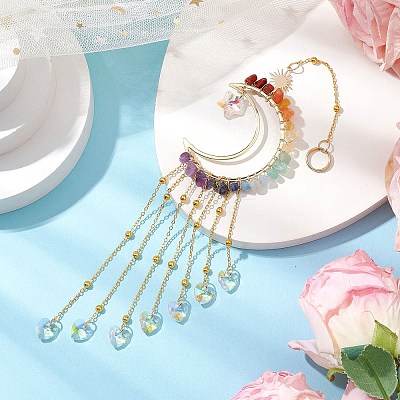 Wire Wrapped Chakra Natural Gemstone Chips Moon Hanging Ornaments HJEW-JM02370-1