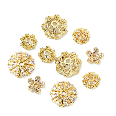 10Pcs 5 Styles Rack Plating Flower Brass Micro Pave Clear Cubic Zirconia Bead Caps KK-CJ0002-73-1