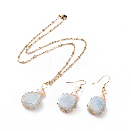 Natural Aquamarine Hexagon & Pearl Braided Pendant Necklace & Dangle Earrings SJEW-JS01263-1