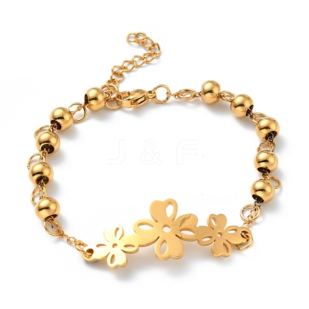 Vacuum Plating 304 Stainless Steel Clover Link Bracelet with Beaded Chains for Women BJEW-E108-08G-1