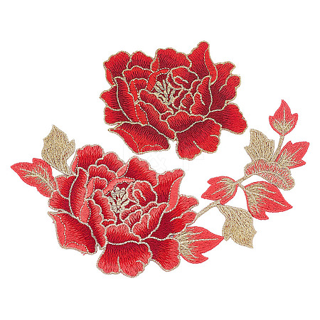  2Pcs 2 Style Peony Polyester Embroidery Sew on Clothing Patches PATC-NB0001-11C-1