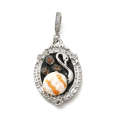 Brass Black Enamel Oval Pendants with Glitter Powder KK-K398-15P-1