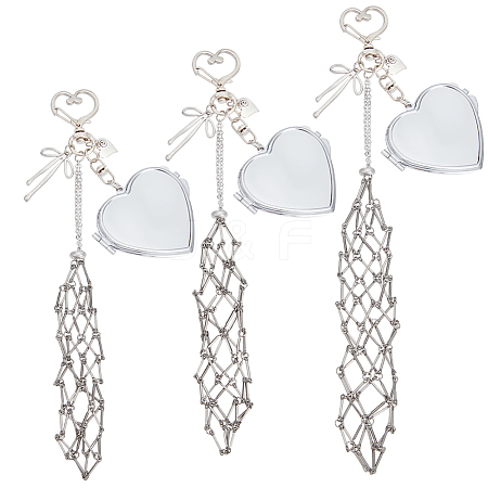 3Pcs 3 Styles 201 Stainless Steel String Bag & Iron with Glass Mirror & Alloy Bowknot Pendant Keychains HJEW-SC0003-27-1
