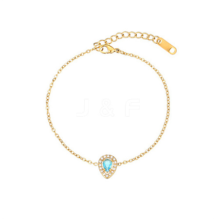 Cubic Zirconia Teardrop Link Bracelet with Golden Stainless Steel Cable Chains DH6731-4-1