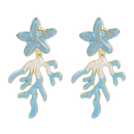 Coral with Starfish Enamel Stud Earrings EJEW-M005-05A-01-1