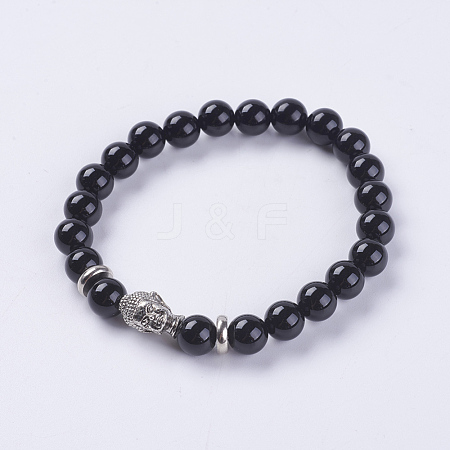 Natural Black Agate Beads Stretch Bracelets BJEW-E325-D16-1