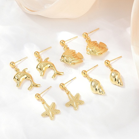 Shell Shape & Starfish & Dolphin & Fish Brass Dangle Stud Earrings EJEW-Z115-02G-1