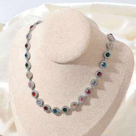 304 Stainless Steel Full Rhinestone Flat Round Link Chain Necklaces for Women SA-CBABBEA-02P-02-1