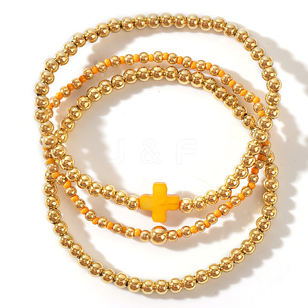 3Pcs Golden Luxury Brass Beaded Gothic Cross Ladies Elastic Bracelet Sets MP9967-5-1