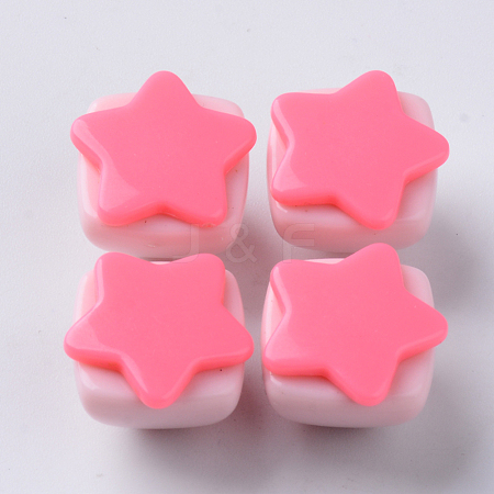  Jewelry Beads Findings Opaque Acrylic Beads, Two Tone, with Star Flat Plate, Half Drilled, Pyramid, HotPink, 16~17x16x13.5mm, Half Hole: 3.5mm