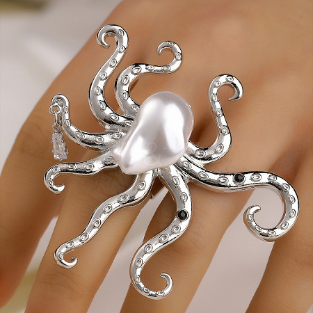 Octopus Brass & Acrylic & Plastic Pearl Finger Rings for Women FS-WGF8E69-01-1