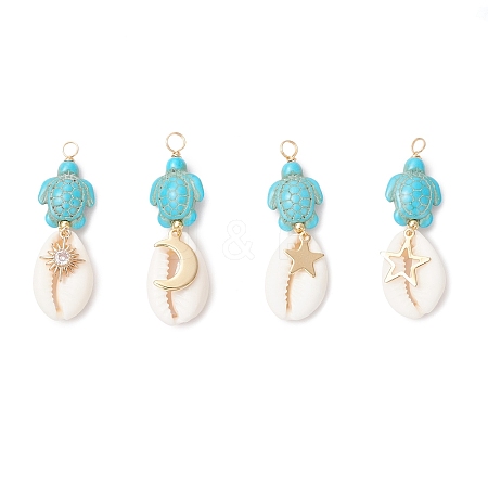 4Pcs 4 Styles Natural Cowrie Shell & Dyed Synthetic Turquoise Turtle Copper Wire Wrapped Pendants PALLOY-JF04035-01-1