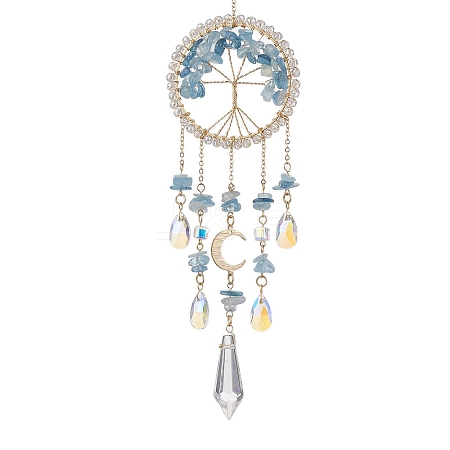 Wire Wrapped Natural Aquamarine Chip Tree of Life Window Hanging Prism Ornaments HJEW-TA00283-01-1