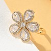 Flower Brass Micro Pave Cubic Zirconia Cuff Rings for Women RJEW-A069-14G-03-3