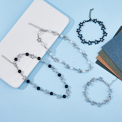 4Pcs 4 Style Alloy Hollow Star Link Chain Bracelets & Necklaces with ABS Plastic Pearl Beaded SJEW-FI0001-09-1