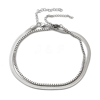 304 Stainless Steel Flat Snake Chain & Box Chain Double Layer Anklets for Women AJEW-F069-02P-1
