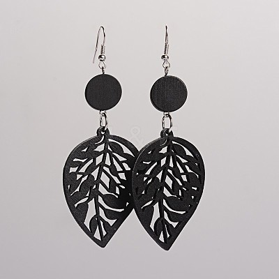 Trendy Leaf Wood Dangle Earrings EJEW-F0090-09F-1