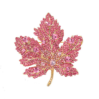 Autumn Maple Leaf Light Gold Alloy Rhinestone Brooch Pins PW-WG57699-03-1