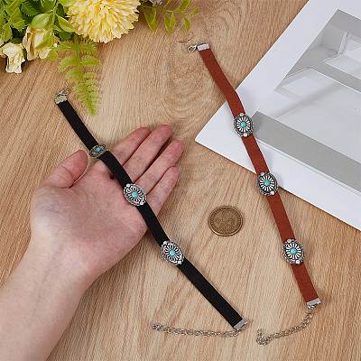 2Pcs 2 Colors Alloy Pave Synthetic Turquoise Oval Imitation Leather Choker Necklaces for Women NJEW-CY0001-06-1