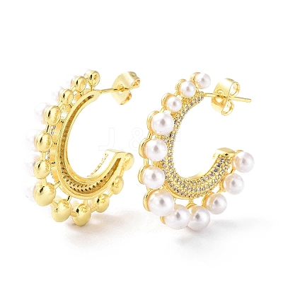 Clear Cubic Zirconia C-shape Stud Earrings with ABS Plastic Pearl Beaded EJEW-G333-15G-1