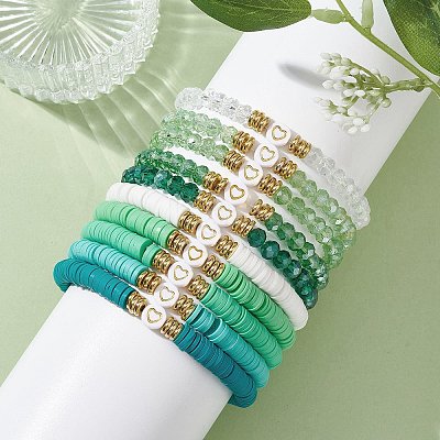 10Pcs Polymer Clay Disc & Glass & Brass Beaded Stretch Bracelets Set BJEW-JB09676-04-1
