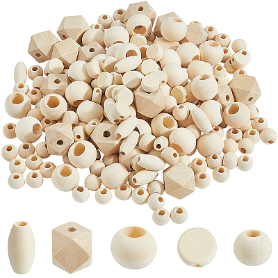 5 Styles Unfinished Wood Beads WOOD-PA0001-21-1